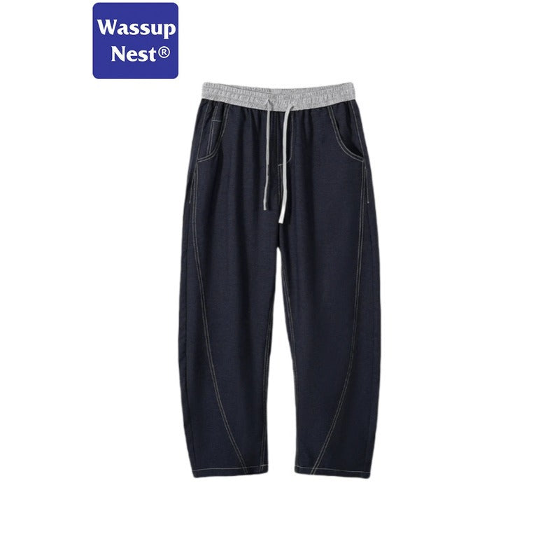 Scimitar-silhouette Two-piece Thin Clashing Waist Loose-fitting Casual Jeans WN224