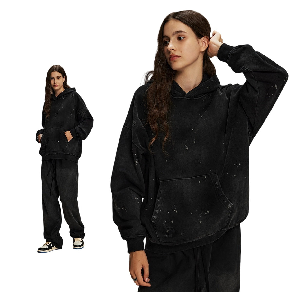 Washed Splattered Ink Ragged Vintage Hoodie WN104ARTIE2532