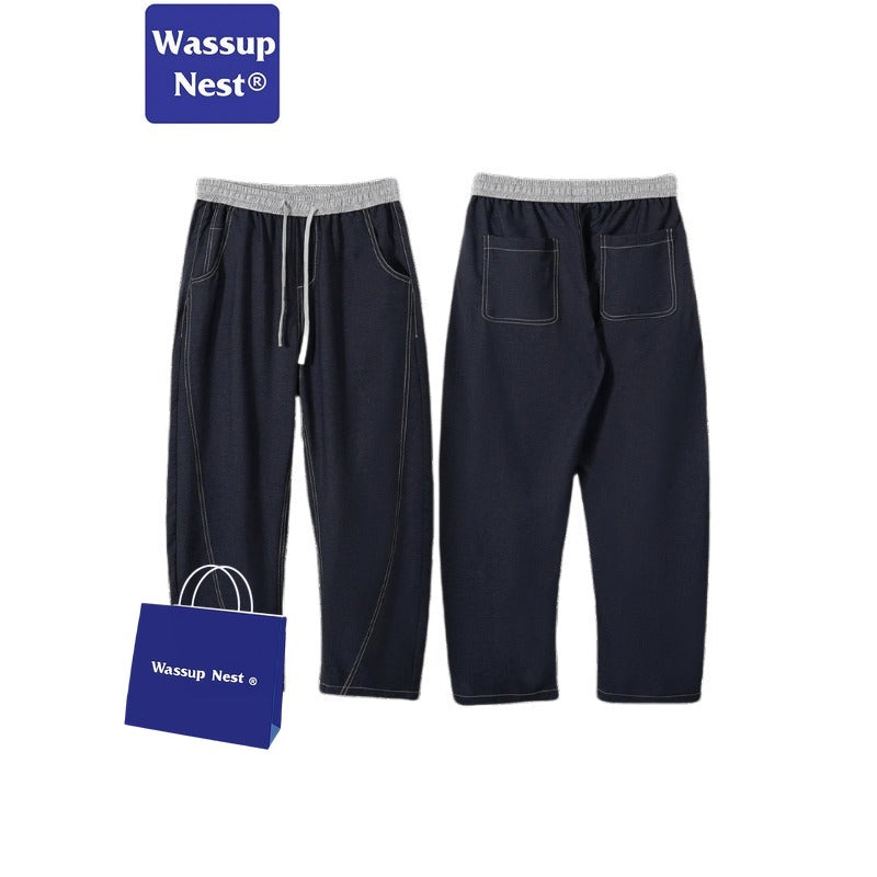 Scimitar-silhouette Two-piece Thin Clashing Waist Loose-fitting Casual Jeans WN224