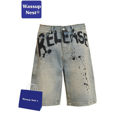 Washed Old Craft Inked Loose Casual Short Jeans WN205UNFG509
